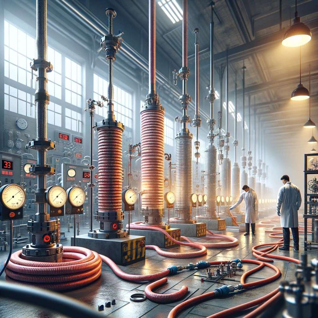 Diversas mangueras de PVC siendo probadas en un entorno industrial para seguridad y rendimiento Diversas mangueras de PVC siendo probadas en un entorno industrial para seguridad y rendimiento